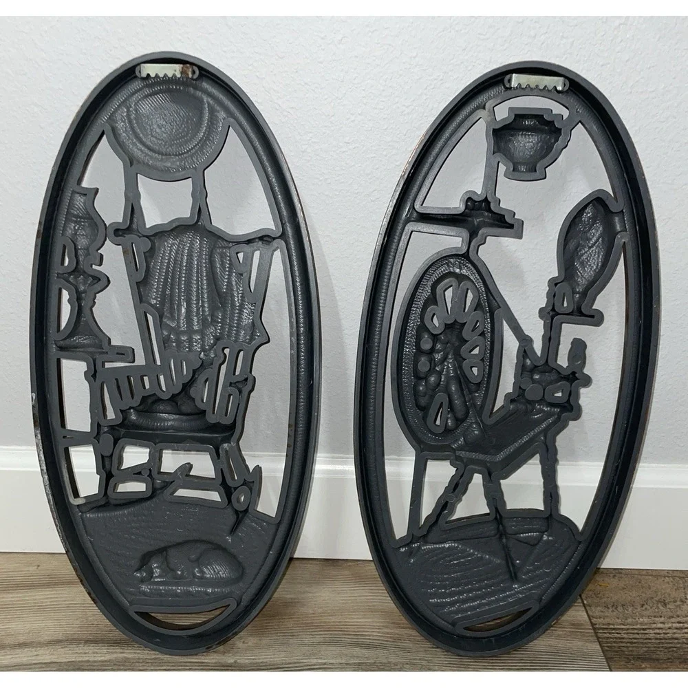 Vtg 1965 Burwood Wall Plaques 4364 &‎ 4365 Oval Spinning Wheel Rocking Chair Cat